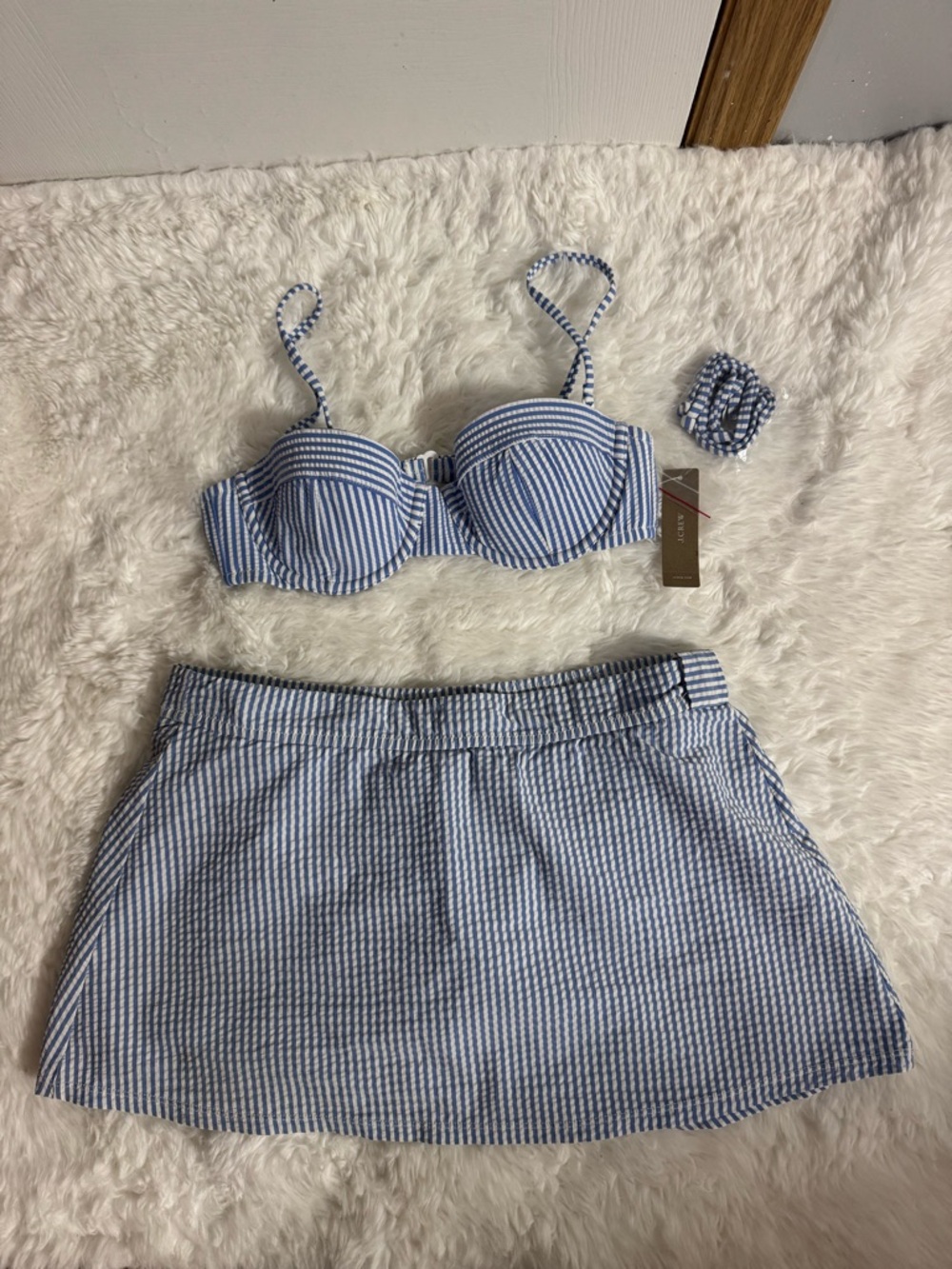 J. Crew Seersucker Striped Bikini Top with Bikini Bottom Skirt Size Small 32B
